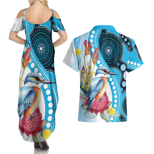 Australia Azure Kingfisher Couples Matching Summer Maxi Dress and Hawaiian Shirt Australian Native Flowers Indigenous Art - Aussie Hoodie