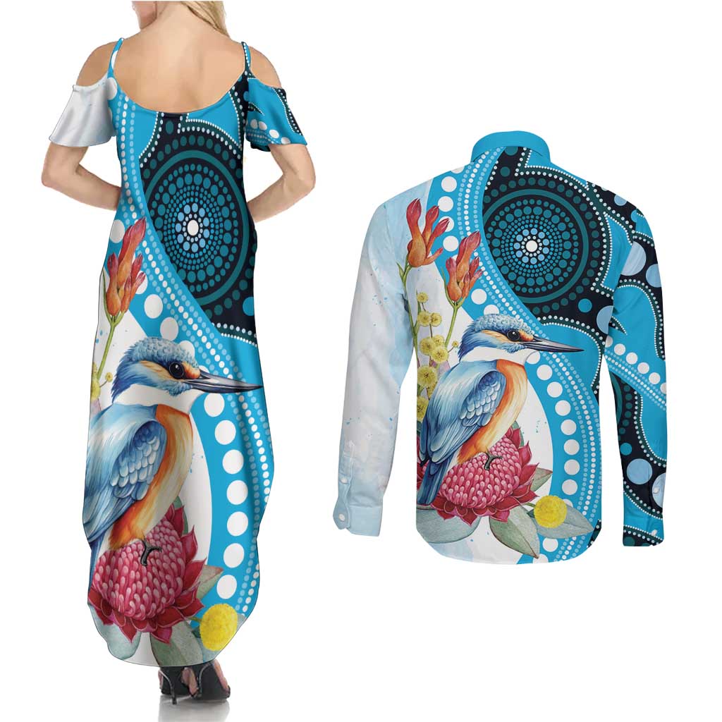 Australia Azure Kingfisher Couples Matching Summer Maxi Dress and Long Sleeve Button Shirt Australian Native Flowers Indigenous Art - Aussie Hoodie