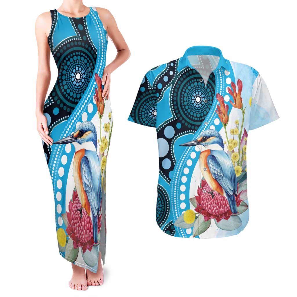 Australia Azure Kingfisher Couples Matching Tank Maxi Dress and Hawaiian Shirt Australian Native Flowers Indigenous Art - Aussie Hoodie