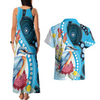 Australia Azure Kingfisher Couples Matching Tank Maxi Dress and Hawaiian Shirt Australian Native Flowers Indigenous Art - Aussie Hoodie