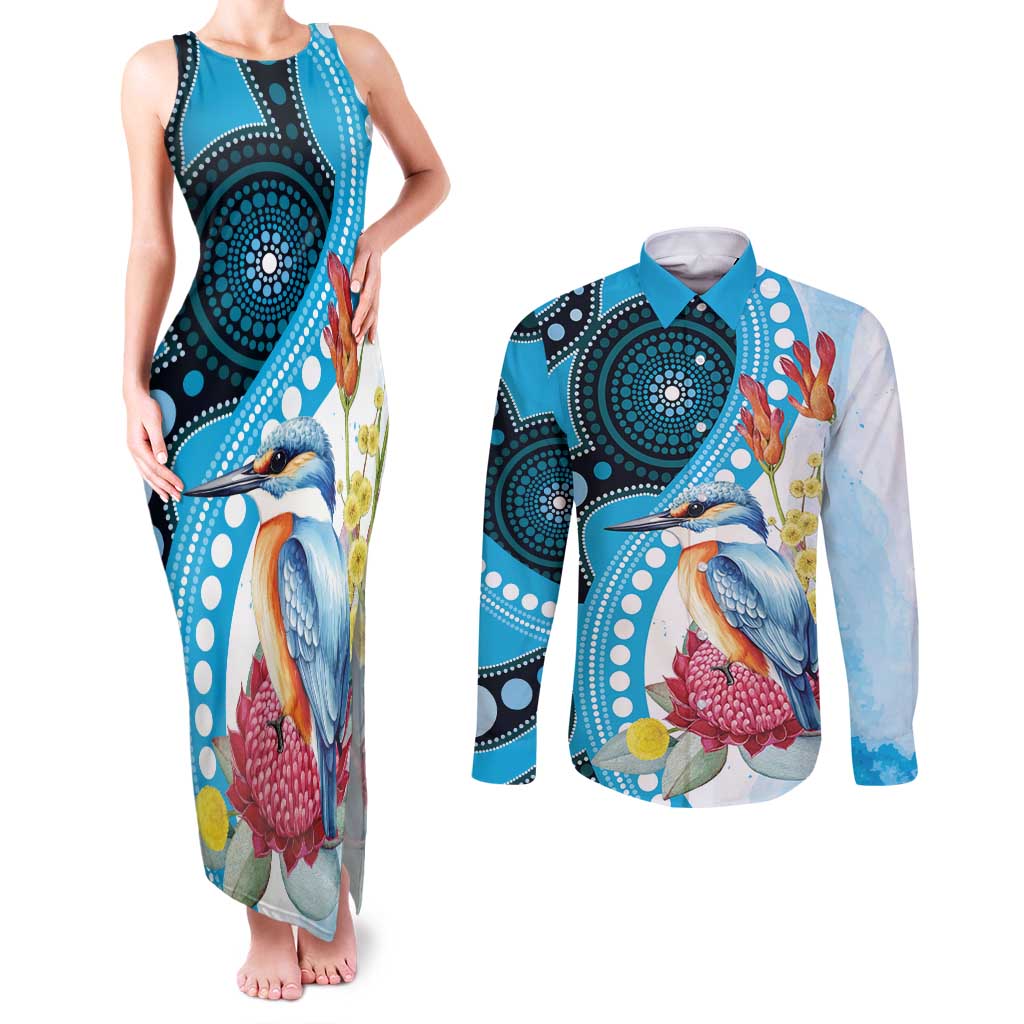 Australia Azure Kingfisher Couples Matching Tank Maxi Dress and Long Sleeve Button Shirt Australian Native Flowers Indigenous Art - Aussie Hoodie