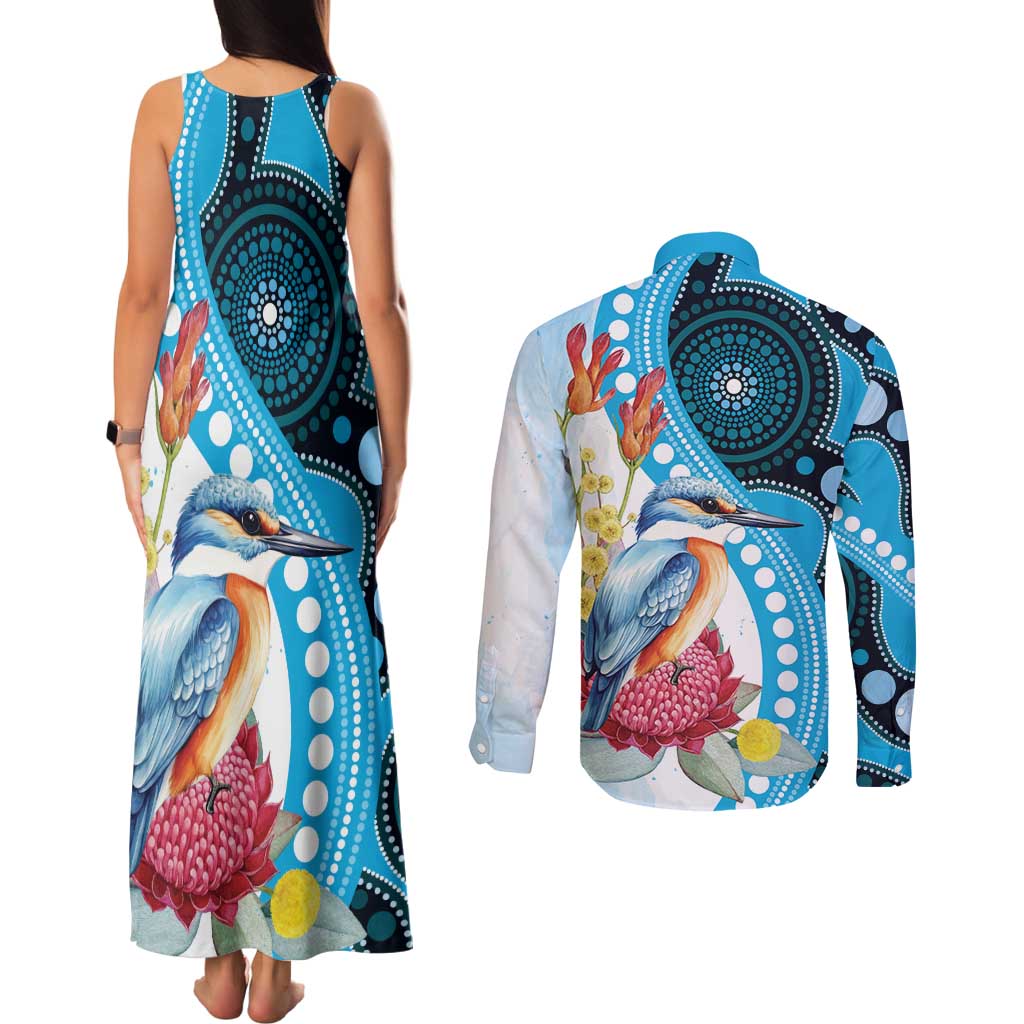 Australia Azure Kingfisher Couples Matching Tank Maxi Dress and Long Sleeve Button Shirt Australian Native Flowers Indigenous Art - Aussie Hoodie