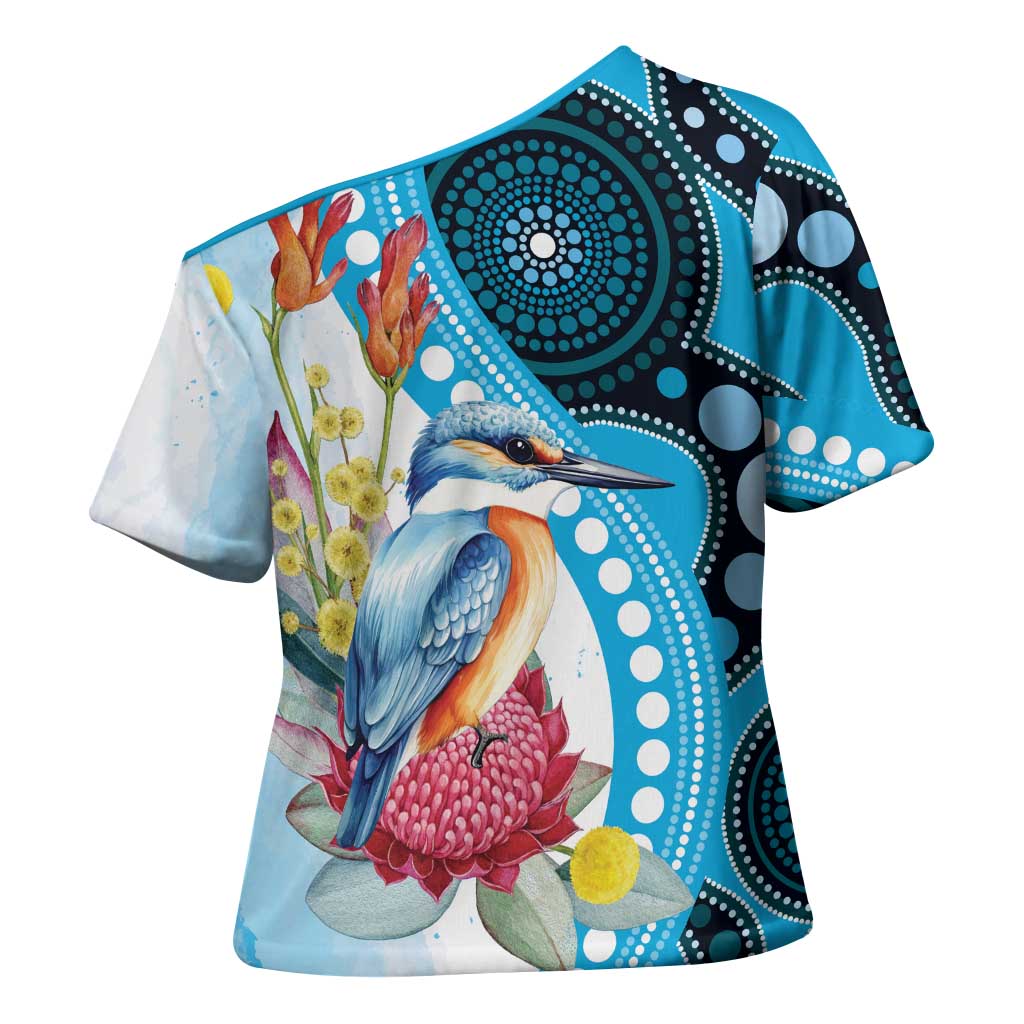Australia Azure Kingfisher Cross Shoulder Shirt Australian Native Flowers Indigenous Art - Aussie Hoodie
