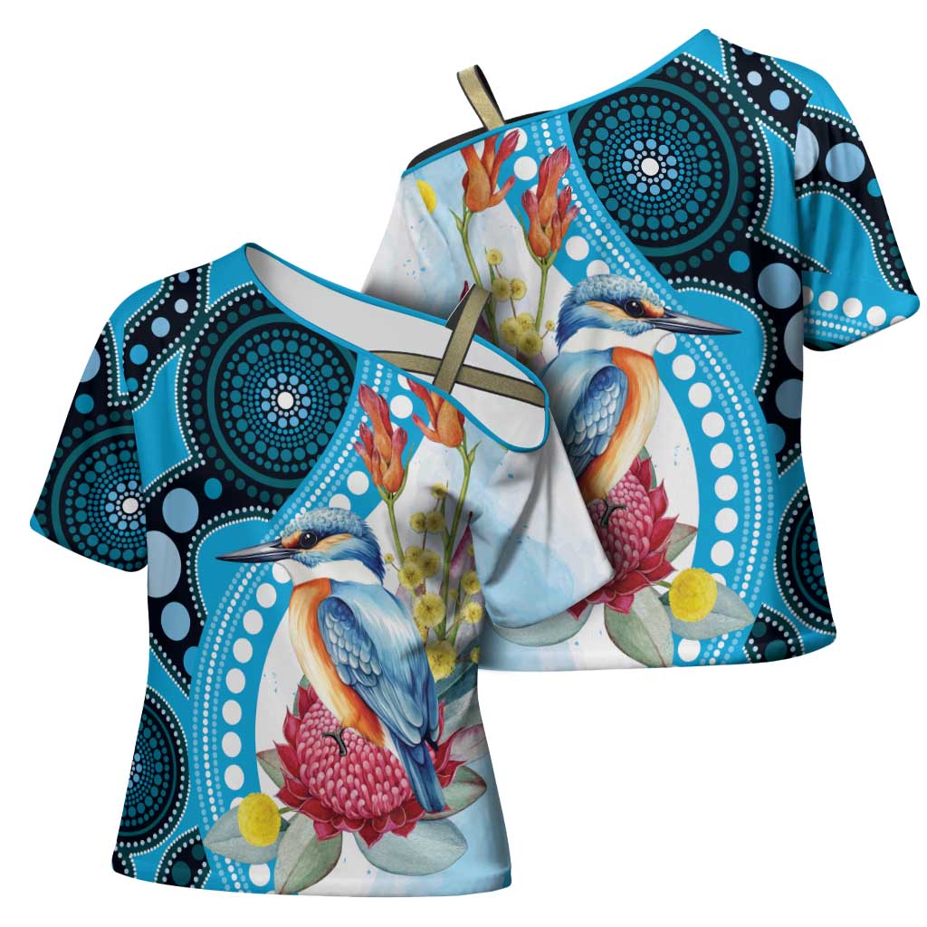 Australia Azure Kingfisher Cross Shoulder Shirt Australian Native Flowers Indigenous Art - Aussie Hoodie