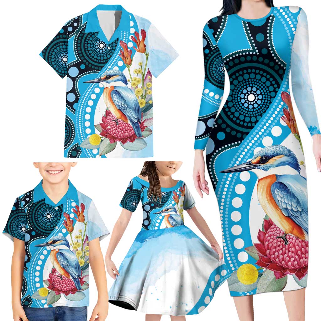 Australia Azure Kingfisher Family Matching Long Sleeve Bodycon Dress and Hawaiian Shirt Australian Native Flowers Indigenous Art - Aussie Hoodie