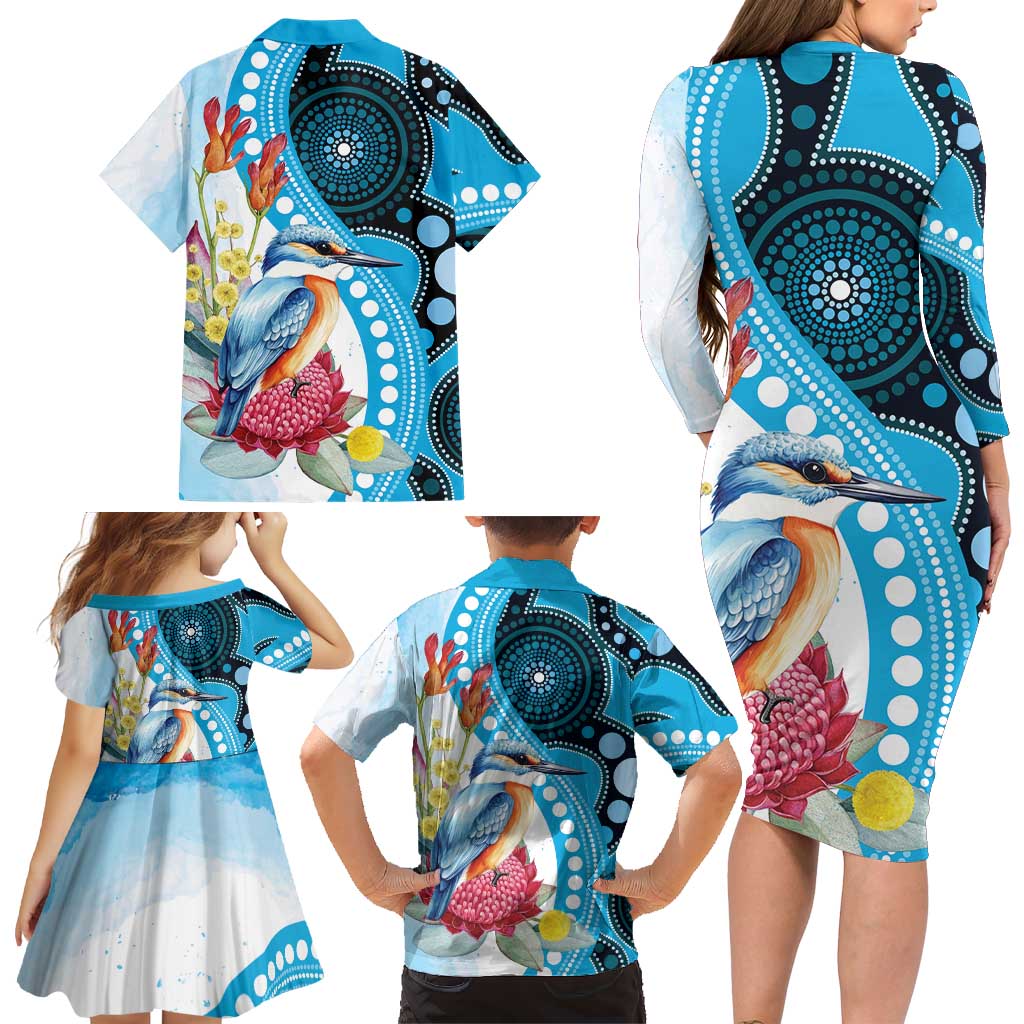 Australia Azure Kingfisher Family Matching Long Sleeve Bodycon Dress and Hawaiian Shirt Australian Native Flowers Indigenous Art - Aussie Hoodie