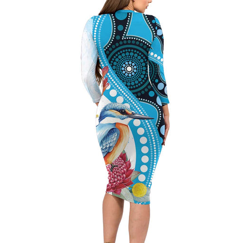 Australia Azure Kingfisher Family Matching Long Sleeve Bodycon Dress and Hawaiian Shirt Australian Native Flowers Indigenous Art - Aussie Hoodie