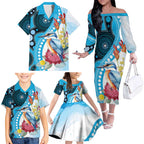 Australia Azure Kingfisher Family Matching Off The Shoulder Long Sleeve Dress and Hawaiian Shirt Australian Native Flowers Indigenous Art - Aussie Hoodie