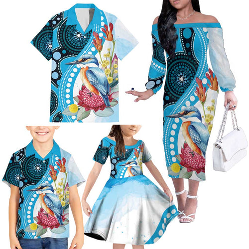 Australia Azure Kingfisher Family Matching Off The Shoulder Long Sleeve Dress and Hawaiian Shirt Australian Native Flowers Indigenous Art - Aussie Hoodie