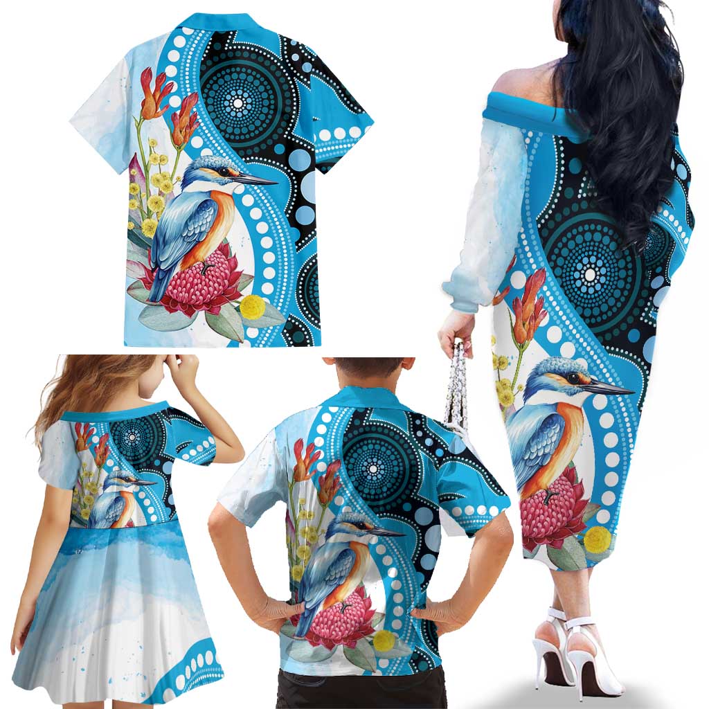 Australia Azure Kingfisher Family Matching Off The Shoulder Long Sleeve Dress and Hawaiian Shirt Australian Native Flowers Indigenous Art - Aussie Hoodie