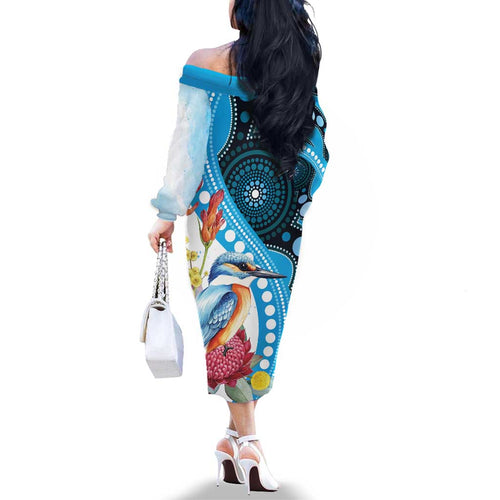 Australia Azure Kingfisher Family Matching Off The Shoulder Long Sleeve Dress and Hawaiian Shirt Australian Native Flowers Indigenous Art - Aussie Hoodie