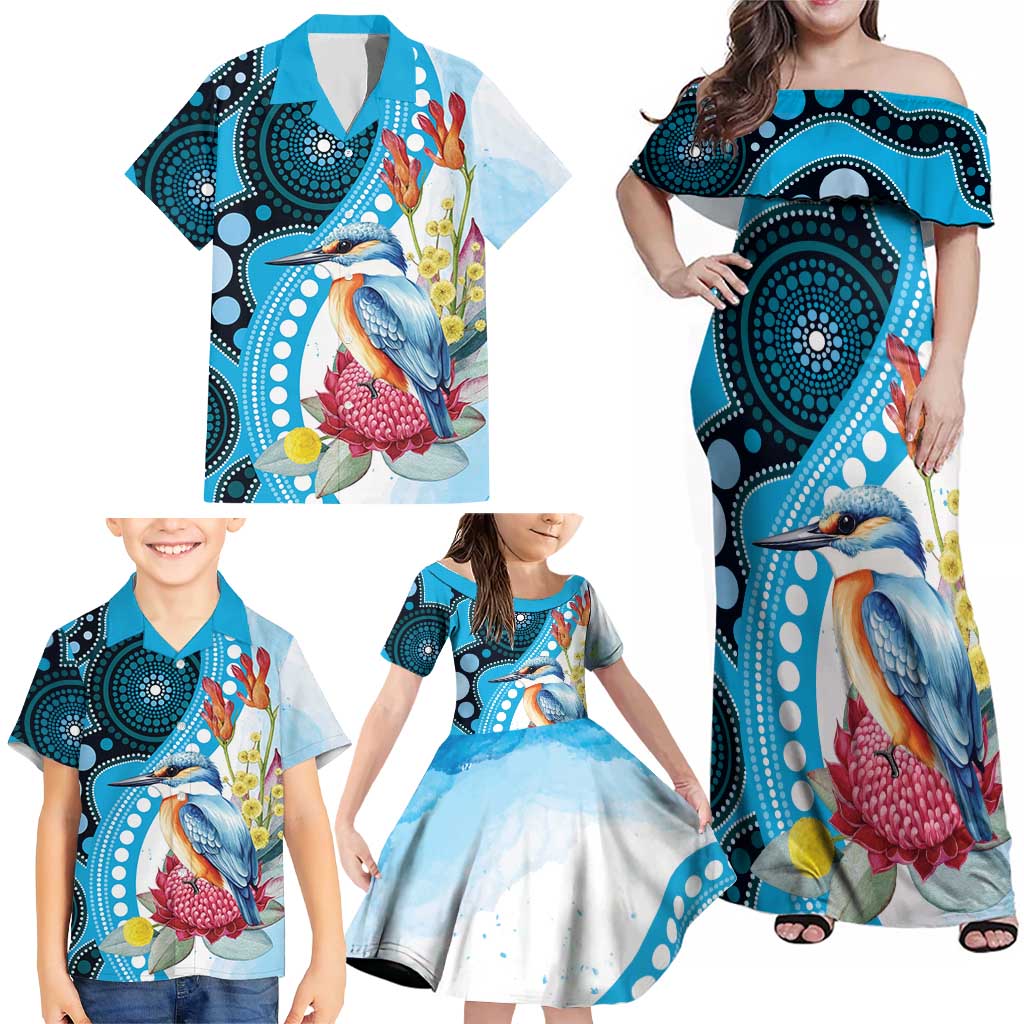 Australia Azure Kingfisher Family Matching Off Shoulder Maxi Dress and Hawaiian Shirt Australian Native Flowers Indigenous Art - Aussie Hoodie