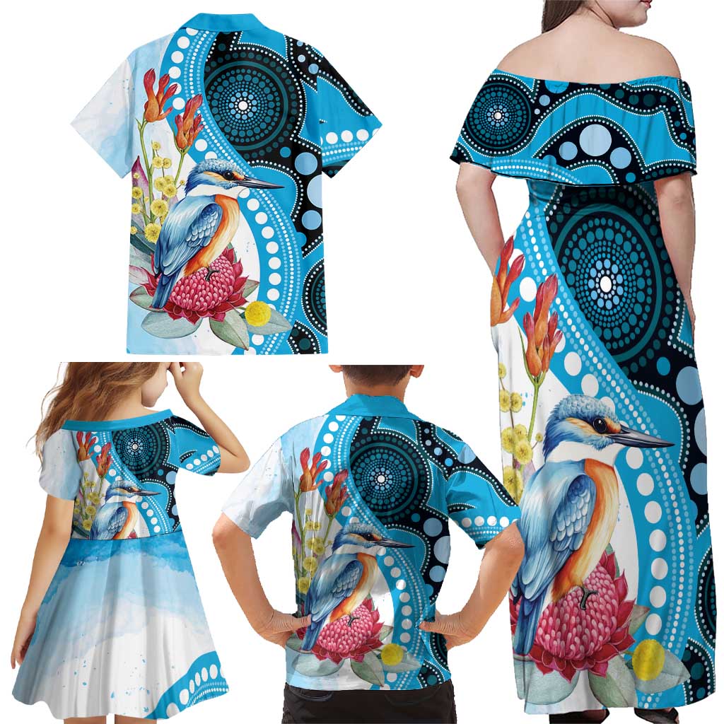 Australia Azure Kingfisher Family Matching Off Shoulder Maxi Dress and Hawaiian Shirt Australian Native Flowers Indigenous Art - Aussie Hoodie