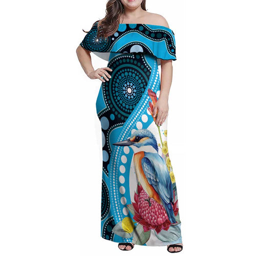 Australia Azure Kingfisher Family Matching Off Shoulder Maxi Dress and Hawaiian Shirt Australian Native Flowers Indigenous Art - Aussie Hoodie