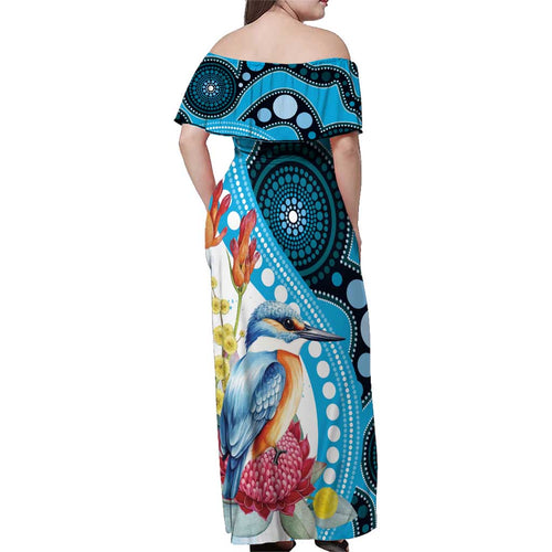 Australia Azure Kingfisher Family Matching Off Shoulder Maxi Dress and Hawaiian Shirt Australian Native Flowers Indigenous Art - Aussie Hoodie
