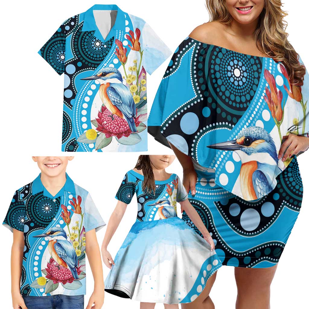 Australia Azure Kingfisher Family Matching Off Shoulder Short Dress and Hawaiian Shirt Australian Native Flowers Indigenous Art - Aussie Hoodie