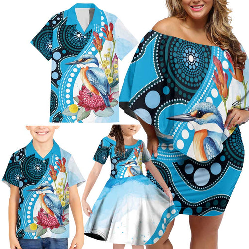 Australia Azure Kingfisher Family Matching Off Shoulder Short Dress and Hawaiian Shirt Australian Native Flowers Indigenous Art - Aussie Hoodie