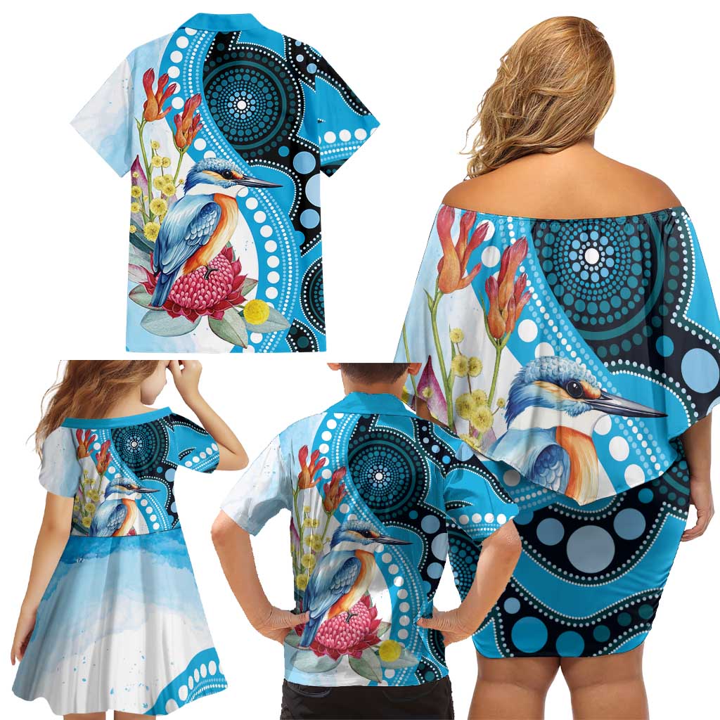 Australia Azure Kingfisher Family Matching Off Shoulder Short Dress and Hawaiian Shirt Australian Native Flowers Indigenous Art - Aussie Hoodie