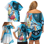 Australia Azure Kingfisher Family Matching Off Shoulder Short Dress and Hawaiian Shirt Australian Native Flowers Indigenous Art - Aussie Hoodie