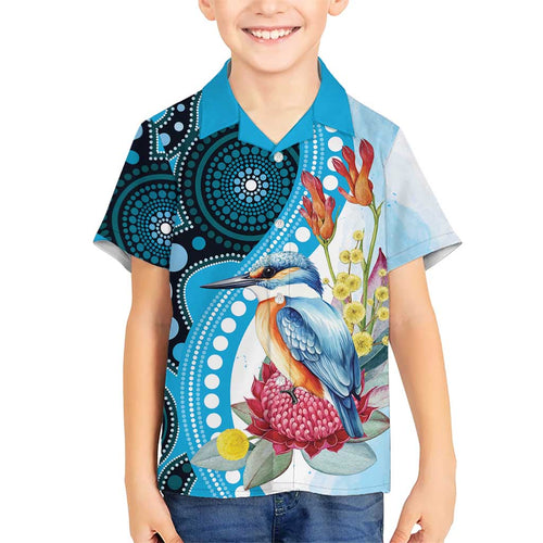 Australia Azure Kingfisher Family Matching Off Shoulder Short Dress and Hawaiian Shirt Australian Native Flowers Indigenous Art - Aussie Hoodie