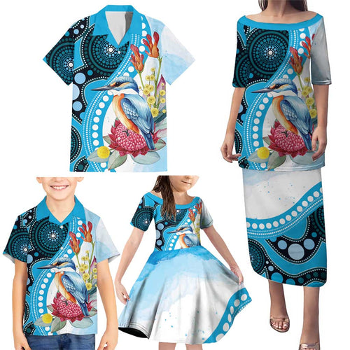 Australia Azure Kingfisher Family Matching Puletasi and Hawaiian Shirt Australian Native Flowers Indigenous Art - Aussie Hoodie