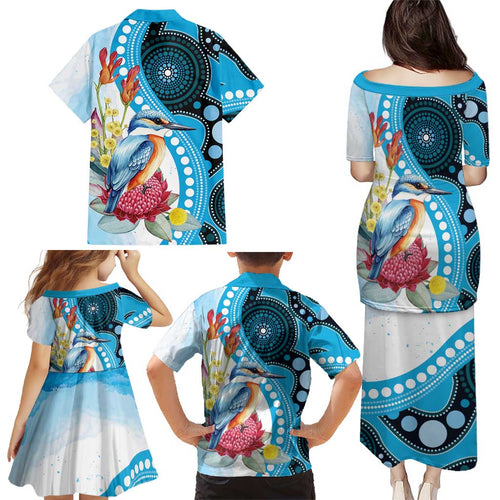 Australia Azure Kingfisher Family Matching Puletasi and Hawaiian Shirt Australian Native Flowers Indigenous Art - Aussie Hoodie