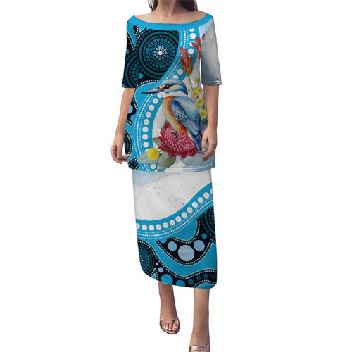 Australia Azure Kingfisher Family Matching Puletasi and Hawaiian Shirt Australian Native Flowers Indigenous Art - Aussie Hoodie