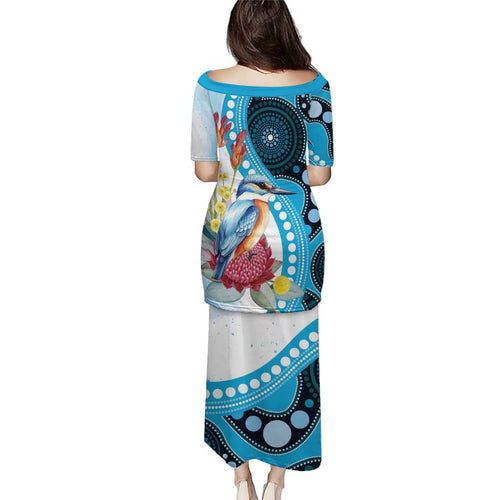 Australia Azure Kingfisher Family Matching Puletasi and Hawaiian Shirt Australian Native Flowers Indigenous Art - Aussie Hoodie