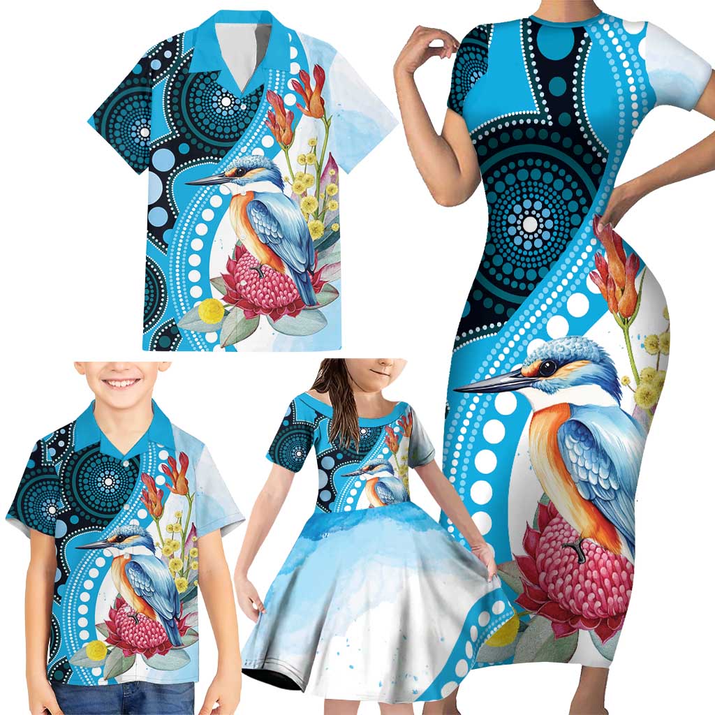 Australia Azure Kingfisher Family Matching Short Sleeve Bodycon Dress and Hawaiian Shirt Australian Native Flowers Indigenous Art - Aussie Hoodie