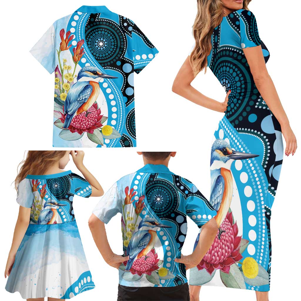 Australia Azure Kingfisher Family Matching Short Sleeve Bodycon Dress and Hawaiian Shirt Australian Native Flowers Indigenous Art - Aussie Hoodie