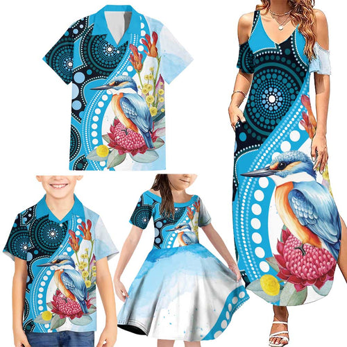 Australia Azure Kingfisher Family Matching Summer Maxi Dress and Hawaiian Shirt Australian Native Flowers Indigenous Art - Aussie Hoodie