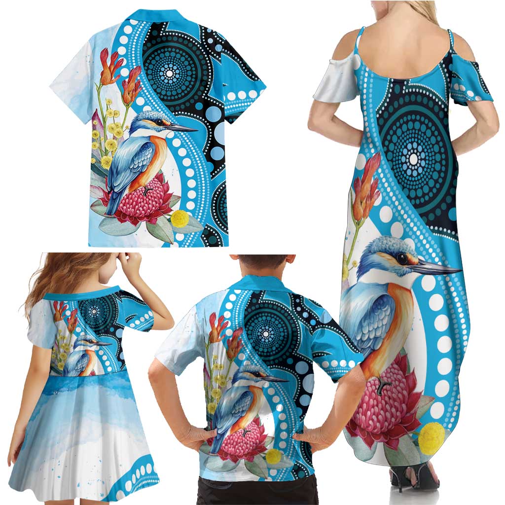Australia Azure Kingfisher Family Matching Summer Maxi Dress and Hawaiian Shirt Australian Native Flowers Indigenous Art - Aussie Hoodie