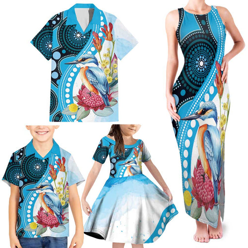 Australia Azure Kingfisher Family Matching Tank Maxi Dress and Hawaiian Shirt Australian Native Flowers Indigenous Art - Aussie Hoodie
