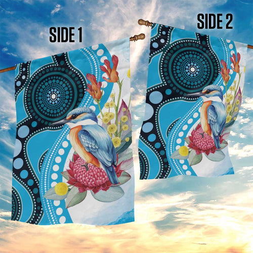 Australia Azure Kingfisher Garden Flag Australian Native Flowers Indigenous Art - Aussie Hoodie