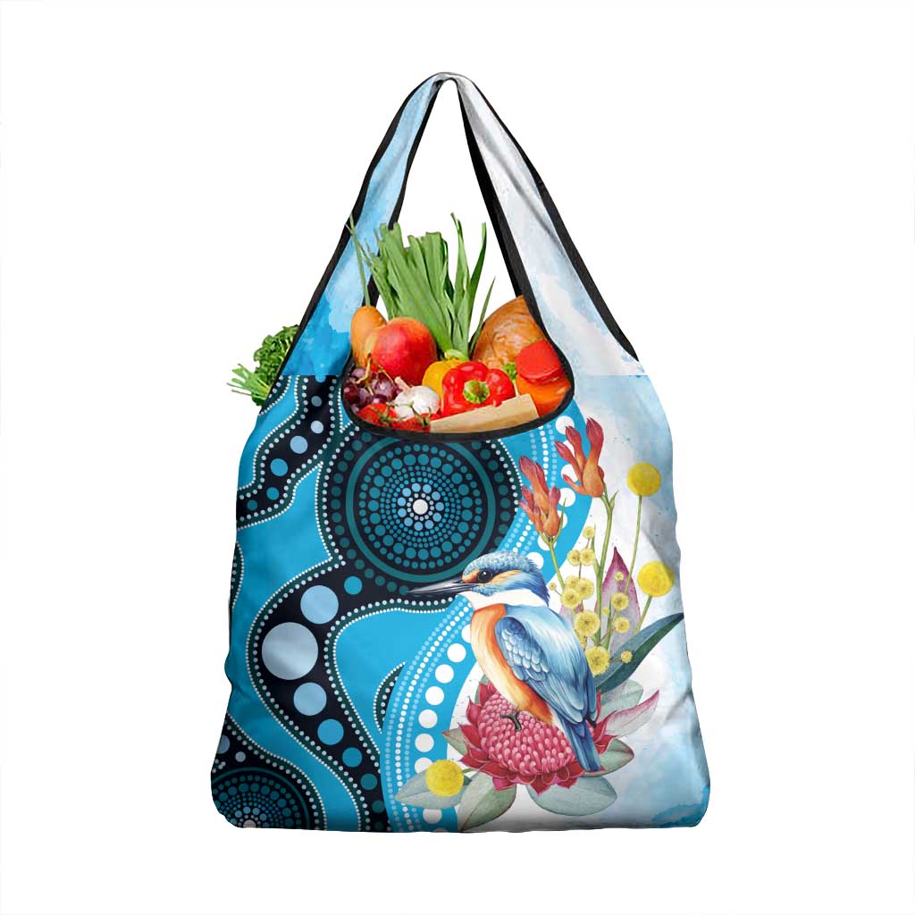 Australia Azure Kingfisher Grocery Bag Australian Native Flowers Indigenous Art - Aussie Hoodie