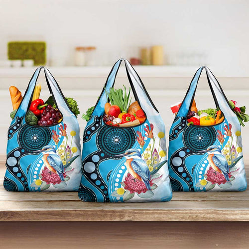 Australia Azure Kingfisher Grocery Bag Australian Native Flowers Indigenous Art - Aussie Hoodie