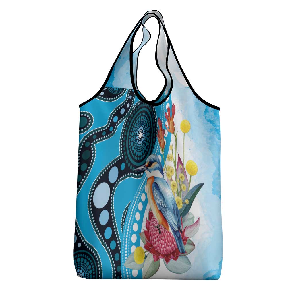 Australia Azure Kingfisher Grocery Bag Australian Native Flowers Indigenous Art - Aussie Hoodie