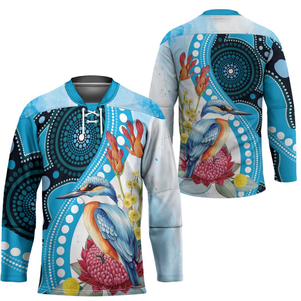 Australia Azure Kingfisher Hockey Jersey Australian Native Flowers Indigenous Art - Aussie Hoodie