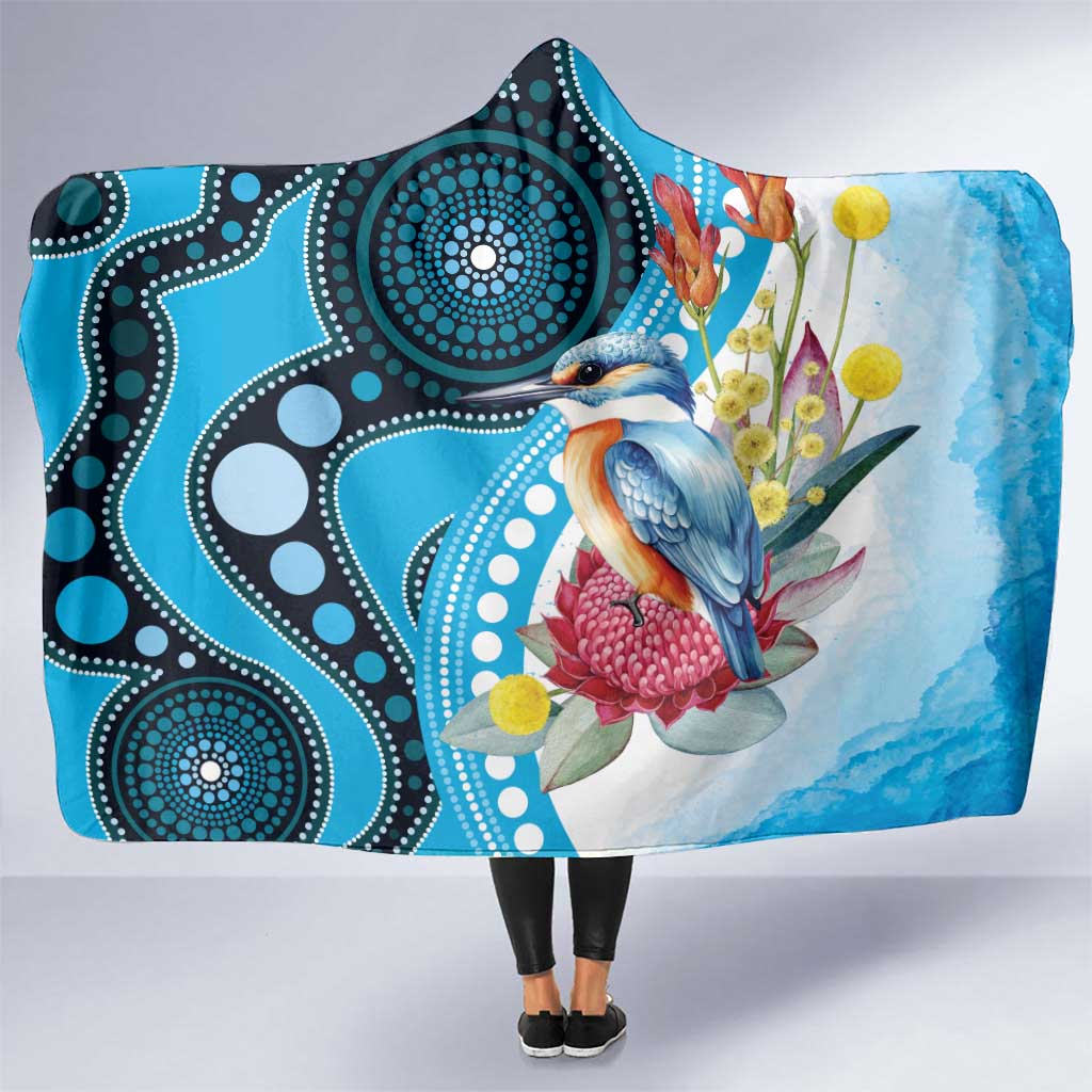 Australia Azure Kingfisher Hooded Blanket Australian Native Flowers Indigenous Art - Aussie Hoodie