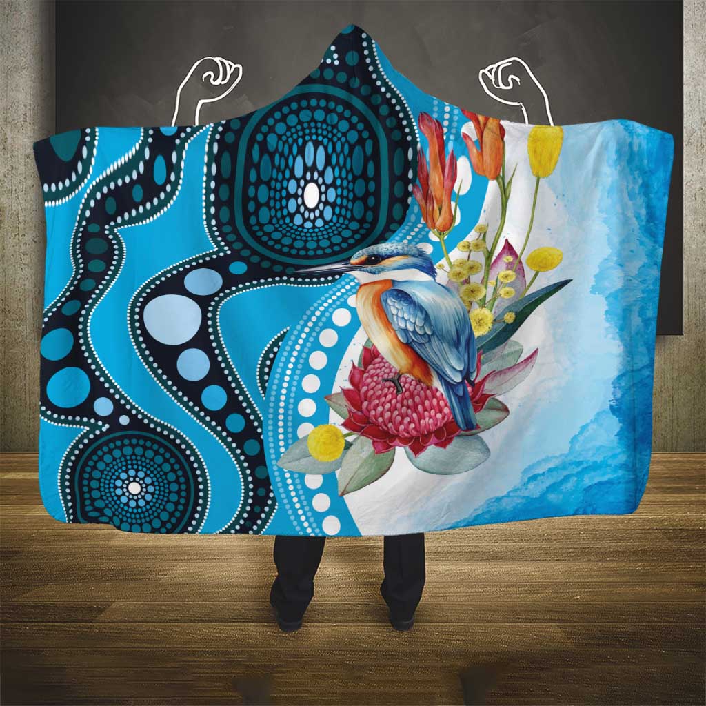 Australia Azure Kingfisher Hooded Blanket Australian Native Flowers Indigenous Art - Aussie Hoodie