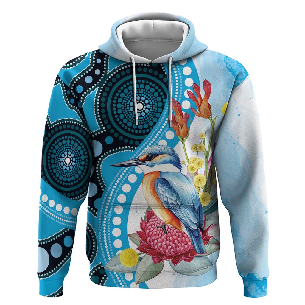 Australia Azure Kingfisher Hoodie Australian Native Flowers Indigenous Art - Aussie Hoodie