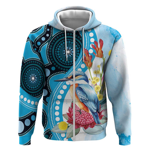 Australia Azure Kingfisher Hoodie Australian Native Flowers Indigenous Art - Aussie Hoodie