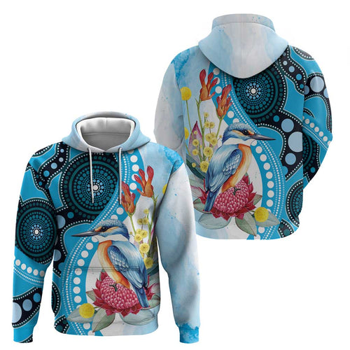 Australia Azure Kingfisher Hoodie Australian Native Flowers Indigenous Art - Aussie Hoodie