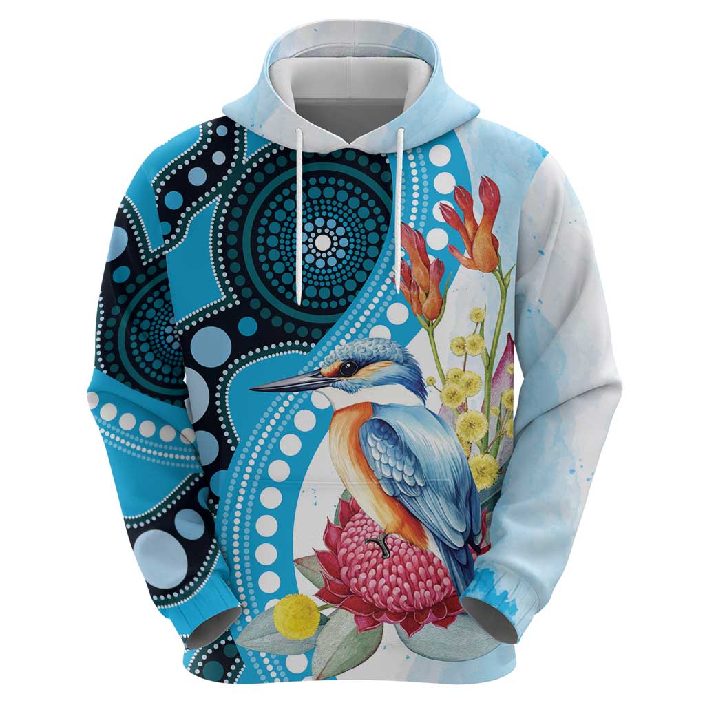 Australia Azure Kingfisher Hoodie Australian Native Flowers Indigenous Art - Aussie Hoodie