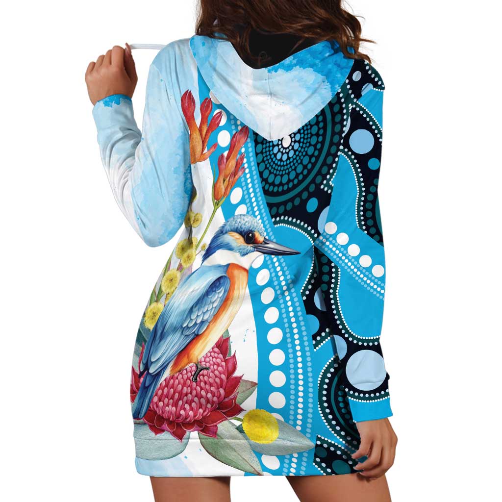 Australia Azure Kingfisher Hoodie Dress Australian Native Flowers Indigenous Art - Aussie Hoodie