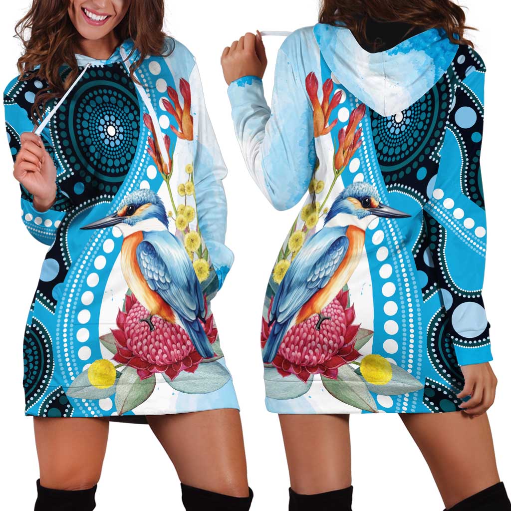 Australia Azure Kingfisher Hoodie Dress Australian Native Flowers Indigenous Art - Aussie Hoodie