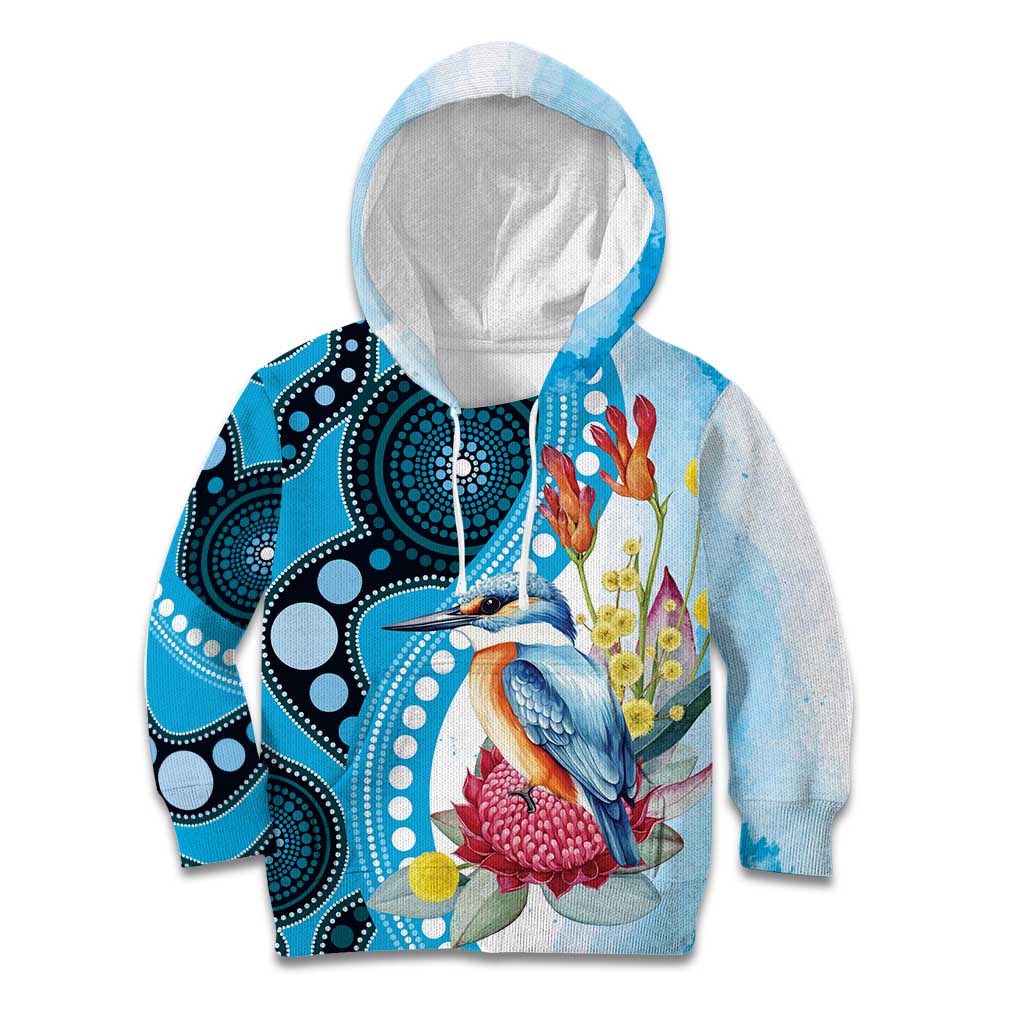 Australia Azure Kingfisher Kid Hoodie Australian Native Flowers Indigenous Art - Aussie Hoodie