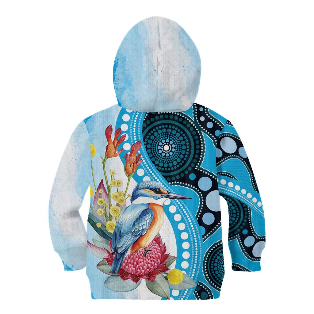 Australia Azure Kingfisher Kid Hoodie Australian Native Flowers Indigenous Art - Aussie Hoodie