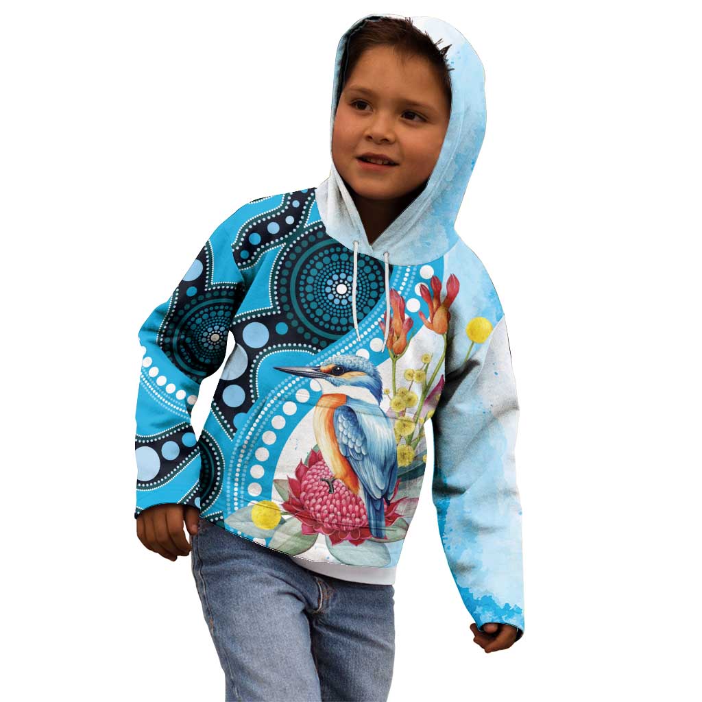 Australia Azure Kingfisher Kid Hoodie Australian Native Flowers Indigenous Art - Aussie Hoodie