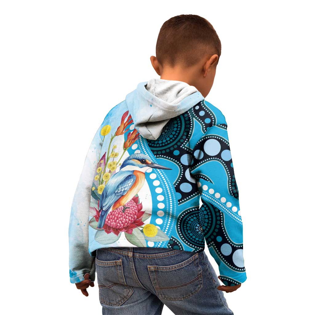 Australia Azure Kingfisher Kid Hoodie Australian Native Flowers Indigenous Art - Aussie Hoodie